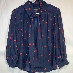 Banana Republic Navy Blouse Neck Tie V Neck Red Flowers Professional Long Sleeve